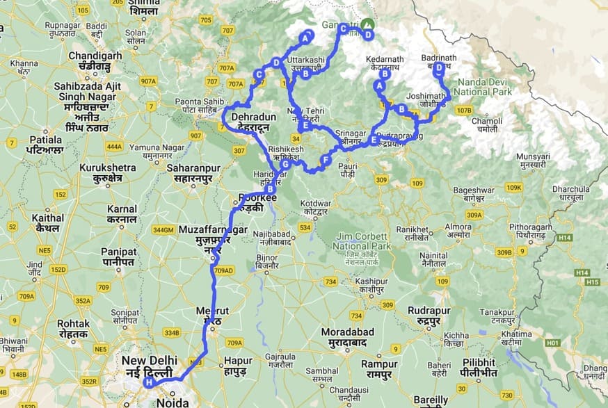 char dham yatra from delhi map