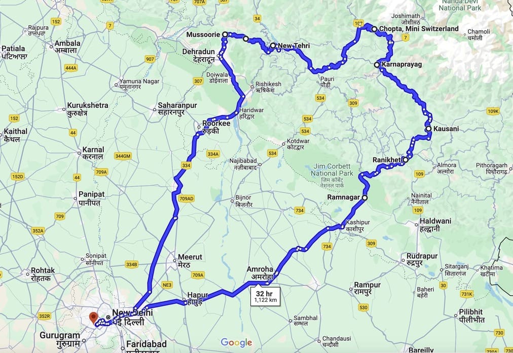 Mussoorie Chopta Kausani Corbett Tour From Delhi map